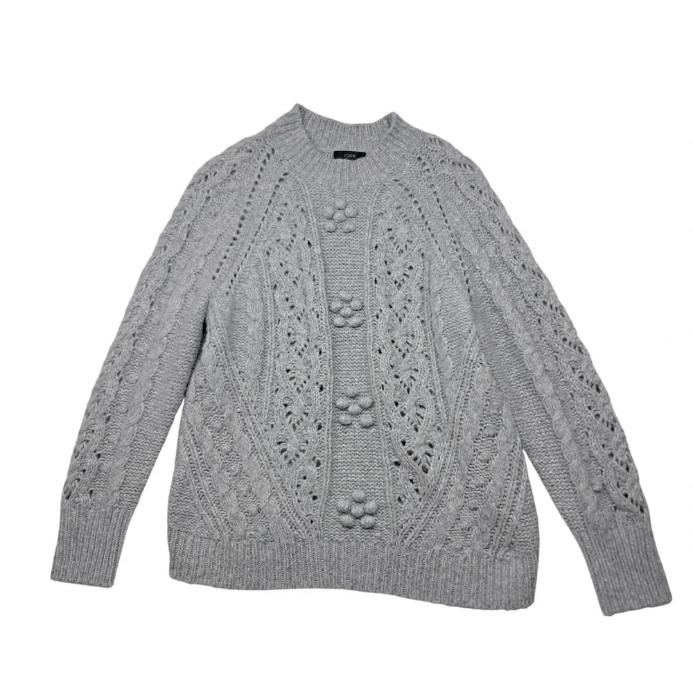 J. Crew Sweater Women's Medium Gray Pointelle Wool Alpaca Popcorn Flowers Winter